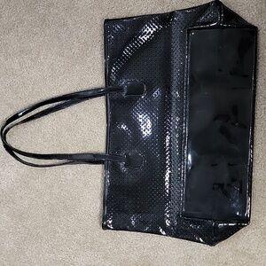 Tote Bag Purse Shiny Black Perforated Vinyl Winter Fall Spring Summer